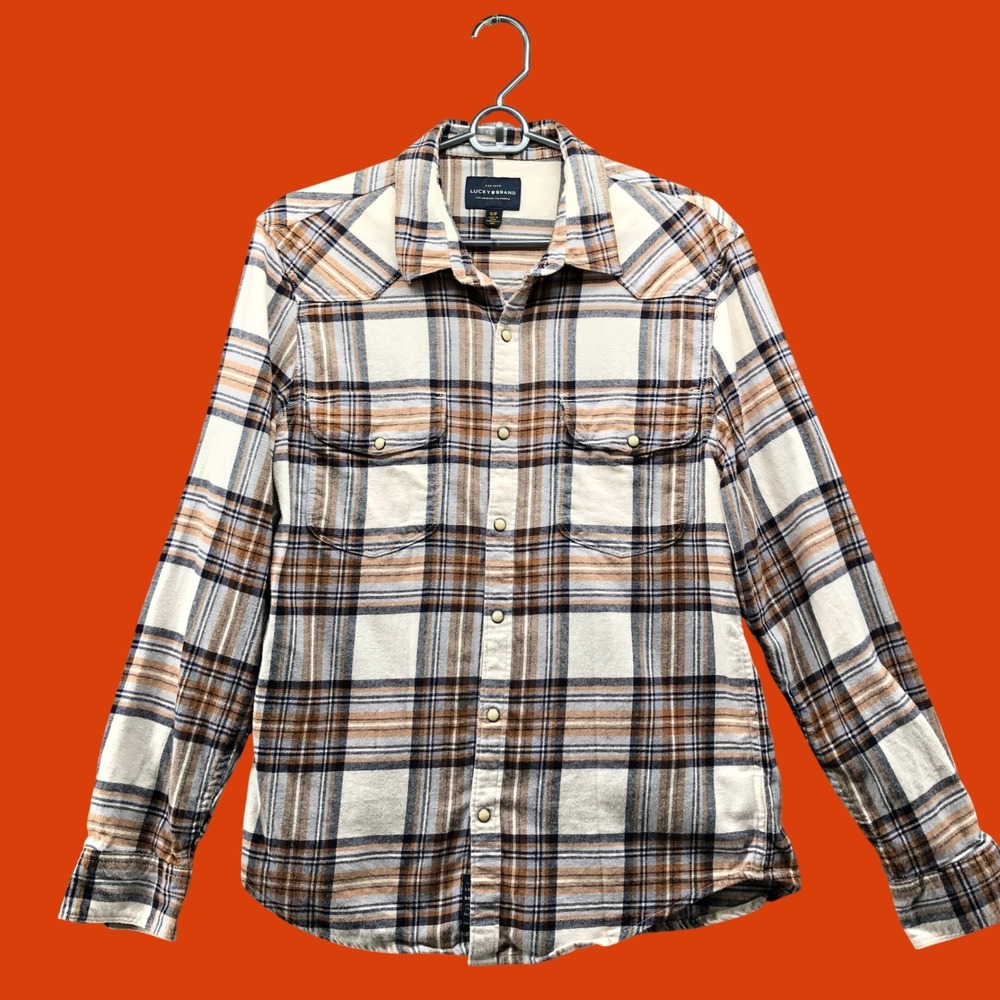 Lucky Brand Mens Western Pearl Snap Flannel Shirt Cream Tan Plaid Size Small